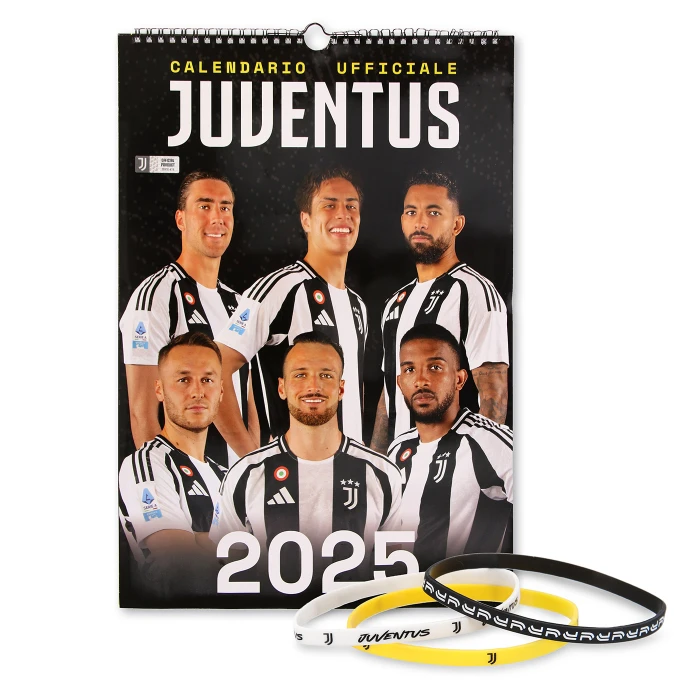 JUVENTUS CALENDARIO VERTICALE 2025 E SET DI BRACCIALETTI IN SILICONE